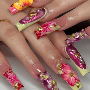 Handcrafted 3D Tropical Floral Nails, Long Square Press On Nails, Vibrant Summer Nail Art, Custom Reusable Fake Nails, Holiday/Party Nails