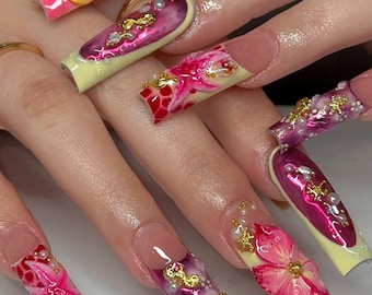 Handcrafted 3D Tropical Floral Nails, Long Square Press On Nails, Vibrant Summer Nail Art, Custom Reusable Fake Nails, Holiday/Party Nails