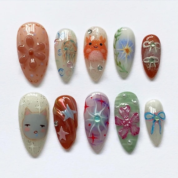 Handmade Cute Animal Press On Nails, Colorful Nails, Handmade Nails, Cartoon Nails, Kawaii Nails, Unique Nails, Custom Fake Acrylic Nails.