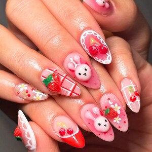 Romantic Nail Set with 3D Miffy, Strawberry, Valentine Press On Nails,Pink Nails, Hand-painted Nails, Custom Press on Nails, Party Nails.