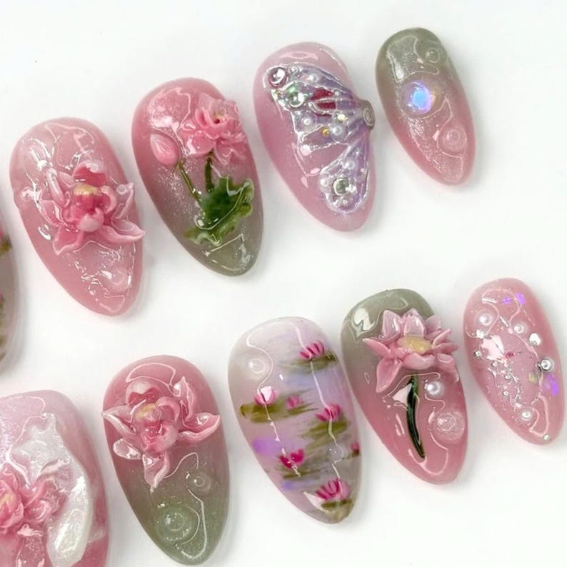 unique nail designs, bold press on nails, vibrant nail art, abstract nail, hand-painted nail, artistic press ons, custom nail art, asian press on, asian nail art, fish fake nails, press on nail fish, koi press on nails, coi fish nails, tea party nail
