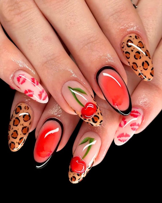Handcrafted Fall Press on Nail, Custom 3D Lips Nail Set, Cherry