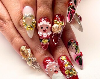 キラキラ輝く 3D クリスマス ツリーとベイリーフのプレスオン ネイル