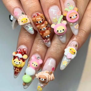 Uñas postizas japonesas para fiesta, uñas largas con diseño de oso en 3D, diseño pequeño para San Valentín, cumpleaños, fiesta, regalo para ella.