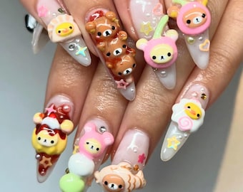 Small Party Press On Nails, 3D Cute Bear Long Nails, Japanese Fake Nails Art, Unique Nail Set for Valentine, Birthday, Party, Gift for her.