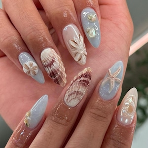 Ocean-Inspired Designs with Flowers, Seashells, and Starfish, Handmade Press On Nails, Tropical Beach 3D Press On Nails, Dreamy Summer Nails