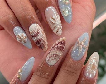Ocean-Inspired Designs with Flowers, Seashells, and Starfish, Handmade Press On Nails, Tropical Beach 3D Press On Nails, Dreamy Summer Nails
