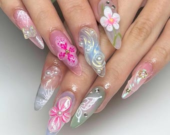 Spring Floral Press On Nails, Wedding Nail, Butterfly Nails, Fairycore Nails, Unique Design Nail, Holiday Nails, Acrylic Press On, Gel Nails