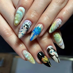 Hand-Painted Anime Girl Nail Art with 3D Designs & Floral Details, Unique Press On Nails, Cute Almond Nail Set, Kawaii Handmade Gift for Her