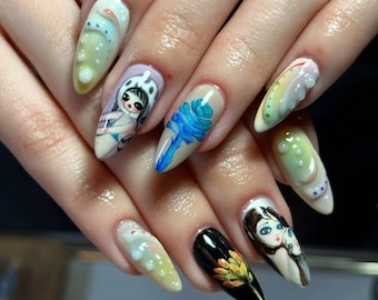 Hand-Painted Anime Girl Nail Art with 3D Designs & Floral Details, Unique Press On Nails, Cute Almond Nail Set, Kawaii Handmade Gift for Her