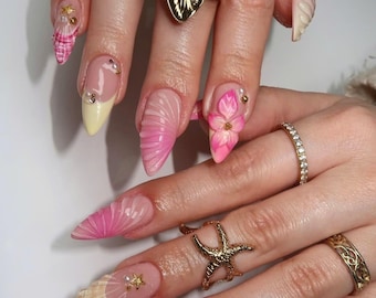 Uñas postizas 3D rosas hechas a mano, uñas playeras de verano con diseño de conchas y flores, uñas largas y lujosas para vacaciones o bodas, uñas primaverales.