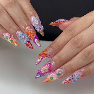 Blooming Spring Press On Nails with 3D Orchids, Cheetah Print, Spring Nails, Fairy-core Nails, Holiday Nails, Perfect for Special Occasions.