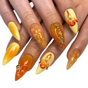Vibrant Summer Nail Set, Colorful Flower Press On Nails, Hand-painted Floral Designs, Custom Nail Art, Fashion Handmade Nails, Summer Nails.