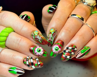 Creepy 3D Halloween Gore Press On Nails, Unique Nail Art Inspired BeetleJuice, Hand-painted Nails, Halloween Nails Press On, Scary Nails.