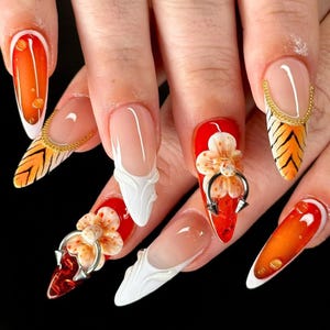 Colorful Flower Press On Nails, Vibrant Summer Nail Art, Hand-painted Floral Designs, Fashion Handmade Nails, Custom Nail Art, Summer Nails.