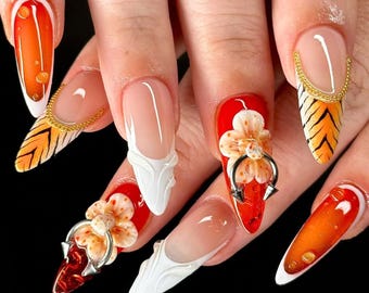 Colorful Flower Press On Nails, Vibrant Summer Nail Art, Hand-painted Floral Designs, Fashion Handmade Nails, Custom Nail Art, Summer Nails.