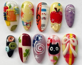 Hand-painted Cute Animal Press On Nails, Colorful Nails, Funny Nails, Cartoon Nails, Kawaii Nails, Unique Nails, Custom Fake Acrylic Nails
