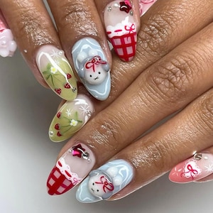 Funny Cartoon Miffy Press On Nails, Strawberry Fake Nail, Pink 3D Nail Art, Bunny Kawaii Nail Polish, Miffy Nails, White Rabbit Nails, Gifts