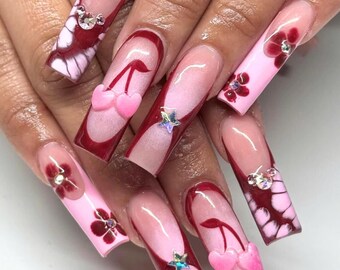 Handgemachte rosa Kirschnägel mit 3D-Blumen und Strasssteinen, lange quadratische Pressnägel, süße Schildpattnägel, süße Girly Nail Art, Party Nägel