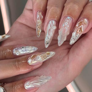3D Seashell Nails Press on nails, Hand Drawn With Pearl Nails, Fake Acrylic Nails, 3D Nail, Custom Press on Nails, Gel Nails, Birthday Nails