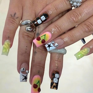 Hand-painted Dice Press On Nails, Luxury Nail Art with Cherry & Dices, Unique Casino Themed Nail Designs with Dice Motifs, French Tips Nails