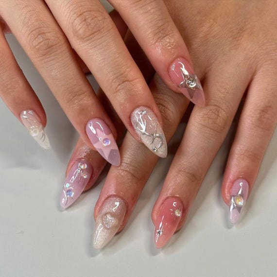 Party Press On Nails, Custom Press On Nails, Y2k Style Nail, Wedding Nails gift, Japanese Nail, Long Nail, Almond Nail, Bow Nail, Heart Nail