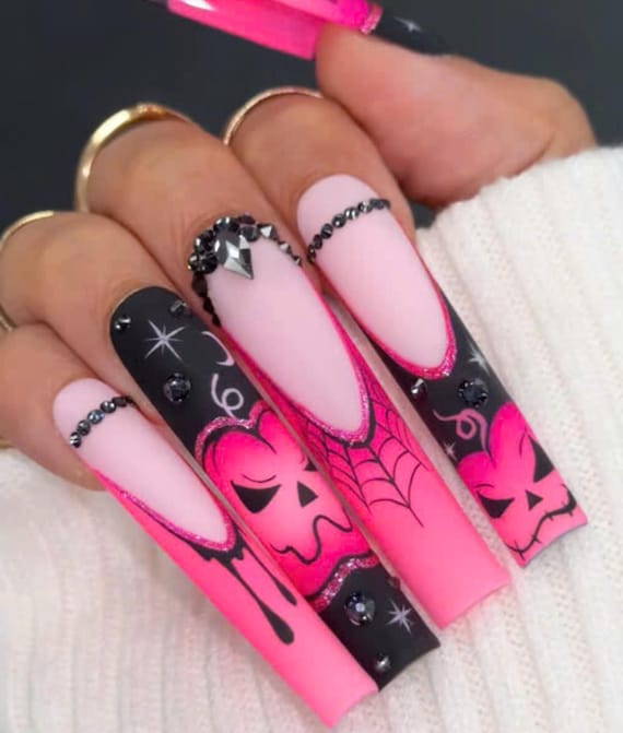 Neon Pink Pumpkin Press on Nails, Matte Colour Pumpkin Nail Art