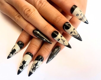 Uñas postizas con diseño de truco o trato, uñas largas con forma de aguja y cara de fantasma, uñas postizas divertidas para Halloween, uñas postizas personalizadas para Halloween, regalo navideño.