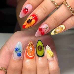 Fruit Garden Press On Nails, Hand-Painted Cherry, Strawberry & Citrus Nail Art, Unique Summer Nail Designs, Elegant Floral Press-On Nails.