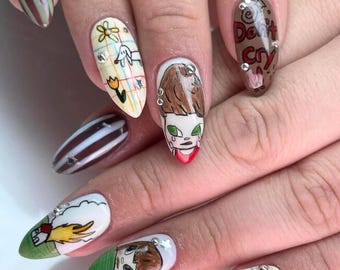 Unhas faciais pop art pintadas à mão, unhas postiças estilo grafite Don't Cry, personagens de desenho animado e design abstrato divertido, conjunto de unhas de anime grunge