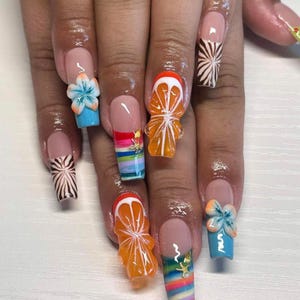 Unhas de pressão de verão amêndoas longas feitas à mão, designs inspirados no oceano com flores, conchas e estrelas do mar, unhas 3D, unhas de frutas, unhas de flores