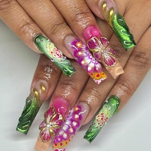 Blooming Spring Press On Nails, Elegant Floral Nail, 3D Flowers - Butterfly Accents, Spring Nail, Green Nail, Perfect for Special Occasions.