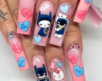 Langes quadratisches Nagelset mit Herz, Korumi, süße Cartoon-Nägel, Nägel mit Liebesthema, Valentinstag-Nägel, Romantische Party-Nägel, Rosa-Nägel
