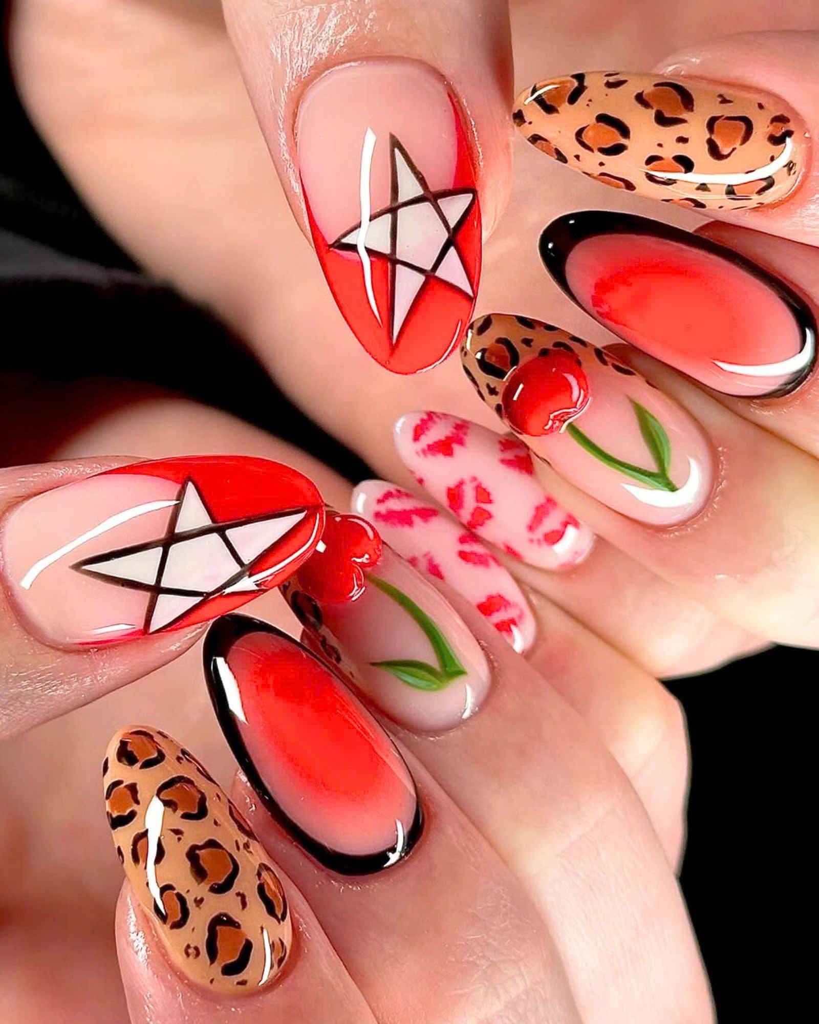 Handcrafted Fall Press on Nail, Custom 3D Lips Nail Set, Cherry
