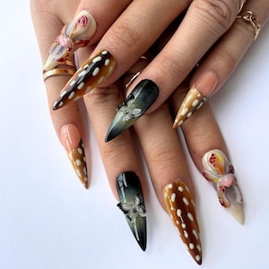 Beautiful Autumn Stiletto Press on Nails, Hand-painted Nails With Brown Dots, Fake Acrylic Nails, Fall Nail, Custom Press on Nails, Gel Nail