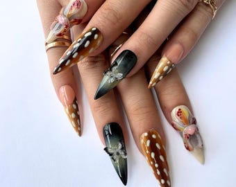 Beautiful Autumn Stiletto Press on Nails, Hand-painted Nails With Brown Dots, Fake Acrylic Nails, Fall Nail, Custom Press on Nails, Gel Nail