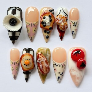3D Food Press On Nails, Cute Breakfast Nail Art Set, Pancake & Egg Nails | Hand Painted Kawaii Nails | Unique Custom Nails for Food Lovers