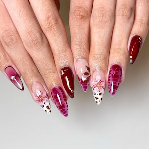 Red Velvet Almond Press On Nails, Elegant Floral Nail, 3D Flowers - Rhinestone Accents, Spring Nail, Gel Nail, Perfect for Special Occasions