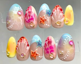 Hand-painted Tortoise & Colorful Seashell, Starfish Press On Nails, 3D Gel Fairycore Fake Nails, Brilliant Summer Nails for Vacation Holiday