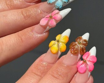 鮮やかなオーキッドガーデンフレンチチッププレスオンネイル、カラフル