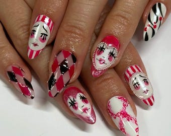 Clown Lover Press On Nails, Whimsical Clown-Trendy Press On Nails, Artistic Nail Design, Fantasy Nails, Halloween Nail Art, Clown Nail Set.