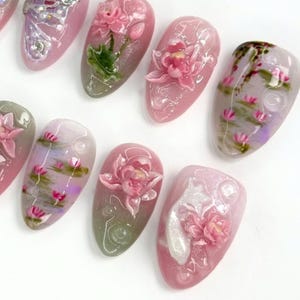 unique nail designs, bold press on nails, vibrant nail art, abstract nail, hand-painted nail, artistic press ons, custom nail art, asian press on, asian nail art, fish fake nails, press on nail fish, koi press on nails, coi fish nails, tea party nail