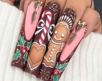 Peperkoekengel pers op nagels, handgeschilderde kerstlange kerstnagels met snoepriet, unieke bruine kerstnagelset, 2024 kerst nepnagels.