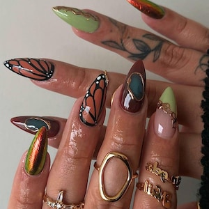 Glitter Brown Almond Nail Press on, Hand-painted Nail Glue, Custom Press on Nails, Fake Acrylic Nail, Holiday Ombre Nail, Butterfly Nail Art
