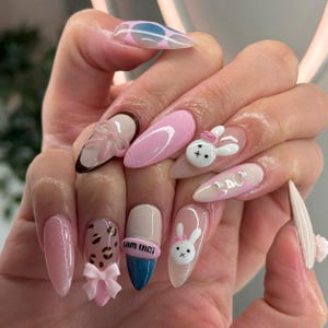 Baby Bunny French Nails Press on nails, Hand Drawn Bow Nails, Fake Acrylic Nails, 3D Nails, Custom Press on Nails, Gel Nails, Birthday Nails
