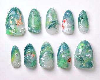 Crystal Jade Green Press On Nails, Stunning 3D Water Nail Art Adorned with 3D Koi Fish, Lotus for a Stunning Look, Japanese Koi Nails, Gift.