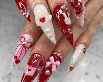 Sweet Valentine Press On Nails, Love-Themed Nail, Stiletto Nail Set with Heart, Miffy, Bow, Fake Acrylic Nail, Romantic Party Nail, Red Nail