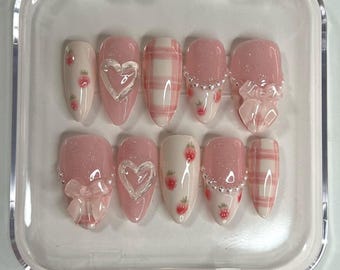 Nail Set With Strawberry Design Press On Nails, Dreamy Pink Fake Nail for Birthday Party Holiday, Cute Bow and Heart Nail Art, Gift for her.