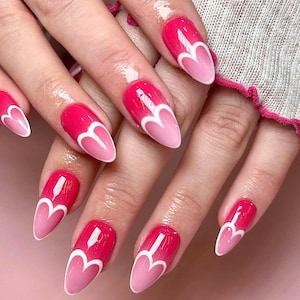 Valentine Elegance Nail Set, Custom Almond Press On Nails, Hand-painted Nail, Spring Nail, Wedding Nail, Red Nail, Acrylic Nail, Fake Nail