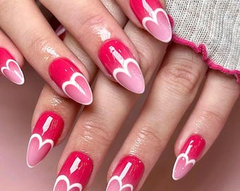 Valentine Elegance Nail Set, Custom Almond Press On Nails, Hand-painted Nail, Spring Nail, Wedding Nail, Red Nail, Acrylic Nail, Fake Nail